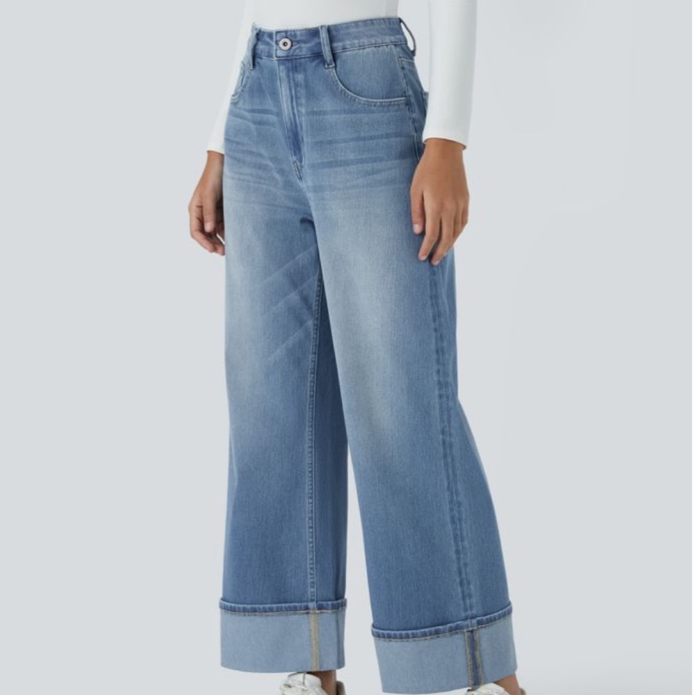 HALARA cute comfy stretchy denim blue cuffed Wide-Leg Jeans👖zoom in for details